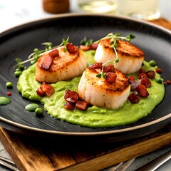 Gourmet Seared Scallops with Pea Puree and Crispy Pancetta Cubes