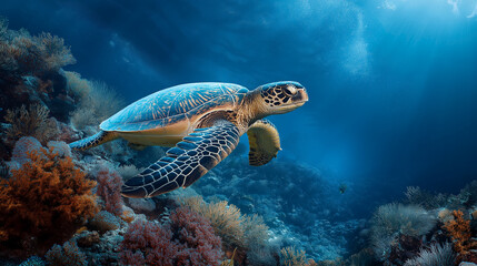 Fototapeta premium Sea Turtle Swimming Over Coral Reef with Empty Space at Top