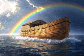 Noah's Ark floating amidst tranquil waters.