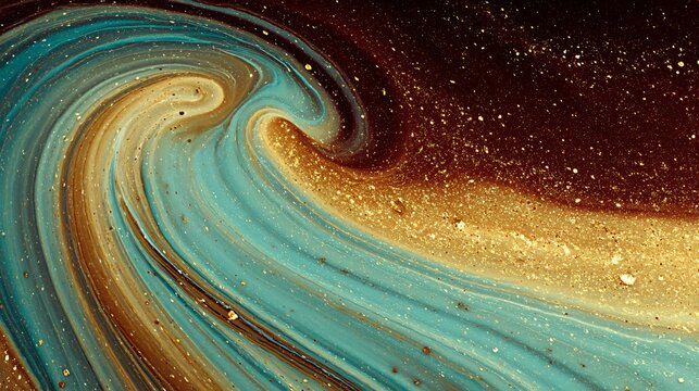Abstract swirl of gold, turquoise, and brown paints blending, forming captivating wave-like patterns