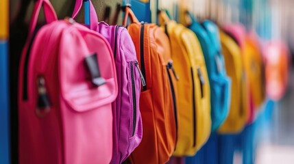 A bright, welcoming school hallway lined with colorful lockers and organized backpacks.