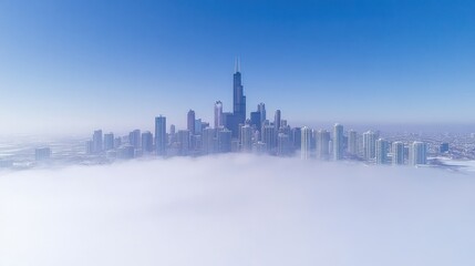 Obraz premium Chicago Skyline Emerging from Fog: A Breathtaking Aerial View