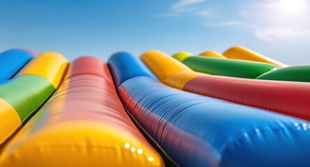 Colorful Inflatable Obstacle Course Under a Sunny Sky