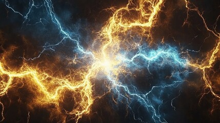 A futuristic energy explosion where electric blue and golden lightning form a vortex of raw power.
