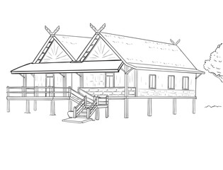 A wooden house in a Thailand style in a rural area, built with wood, with freehand lines drawn.