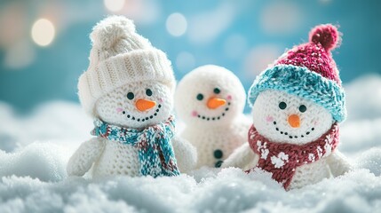 Little Knitted Snowmen on Soft Snow with a Blue Background, Snowman Kids in Village, City, Cute Snowman in Knitted Hat and Scarf on a Sunny Winter Day, Christmas Card