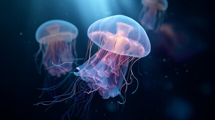 Glowing Jellyfish in Deep Ocean Water with Ethereal Lighting and Space for Text

