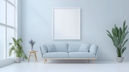 Minimalist Interior with Blank Frame and Light Blue Sofa Design