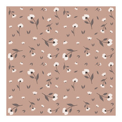 Seamless floral pattern with white cotton-like flowers and green leaves on a soft pastel brown background. Ideal for textile design, wrapping paper, wallpaper, and fabric prints. Vector illustration