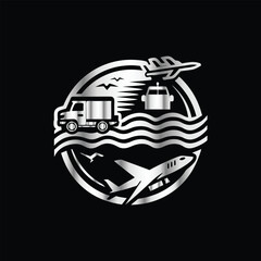 Logistic and delivery of goods and services. Truck, plane, ship, plane, container, truck. Vector illustration. Airport logo. Airport logo with truck, plane, truck, car, ship and airplane.