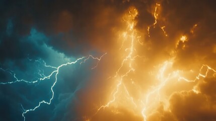 A supernatural sky filled with vibrant blue and gold lightning bolts swirling in an ethereal energy vortex.