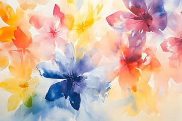 A vibrant watercolor painting of blossoming flowers in pastel hues.
