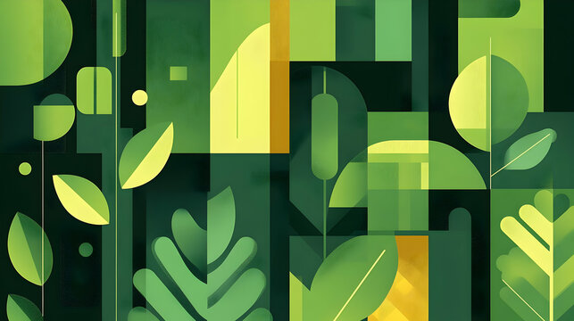 A vibrant abstract design featuring geometric shapes and foliage in shades of green and yellow.
