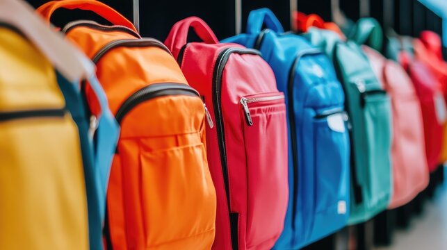 A well-lit school hallway showcasing neatly arranged backpacks against colorful lockers.