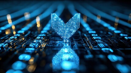 Digital arrow. Glowing blue symbol on a circuit board with light trails