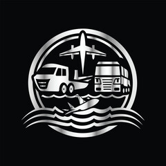 Logistic and delivery of goods and services. Truck, plane, ship, plane, container, truck. Vector illustration. Airport logo. Airport logo with truck, plane, truck, car, ship and airplane.