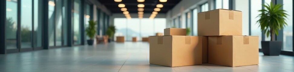 Stacked cardboard boxes in empty office lobby , cardboard, cardboard boxes