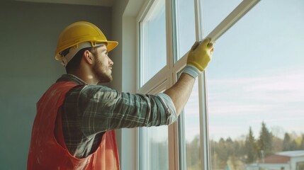 A Hispanic construction worker installing windows at a construction site. Featuring skill and care