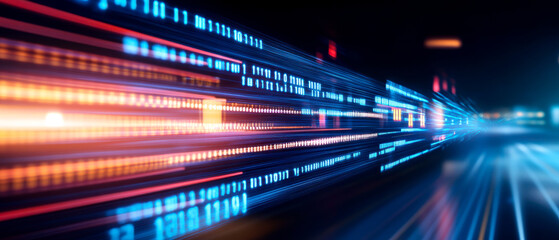 Obraz premium A vibrant, abstract representation of data flow, showcasing colorful streaks of light that symbolize speed and technology in a digital landscape.