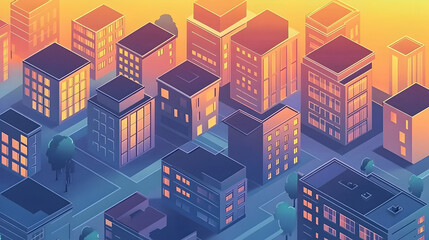 An isometric illustration of a vibrant urban cityscape at dawn or dusk.