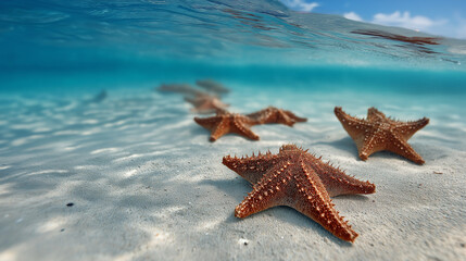 Group of Starfish on Clean Sandy Ocean Floor with Open Top Area