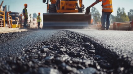 A Hispanic construction worker laying asphalt at a road construction site. Featuring teamwork and skill