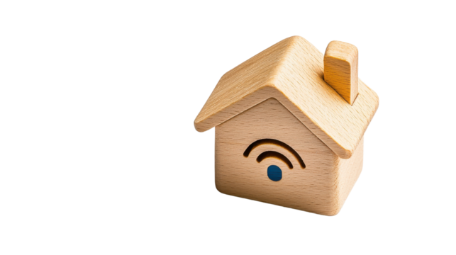Wooden toy house with Wi-Fi symbol wood design on white background