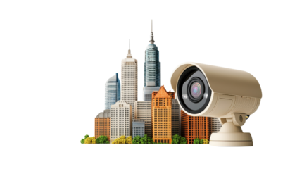 Surveillance Camera Overlooking Modern Cityscape with Skyscrapers