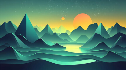A vibrant, stylized landscape with geometric mountains and a tranquil lake.