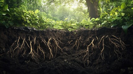 Fototapeta premium Cross-sectional visualization of deep-rooted plants creating tunnels in dense soil.