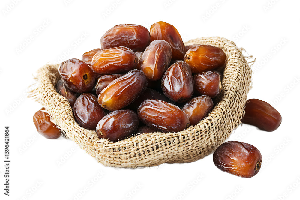 Poster a burlap sack filled with many brown dates on a black background in a studio setting view