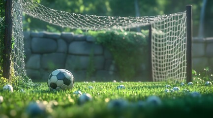 Soccer ball near a goal net on green grass in a sunny outdoor setting.