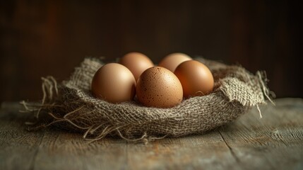 Eggs nestled in burlap on rustic wood, natural light, simple and earthy