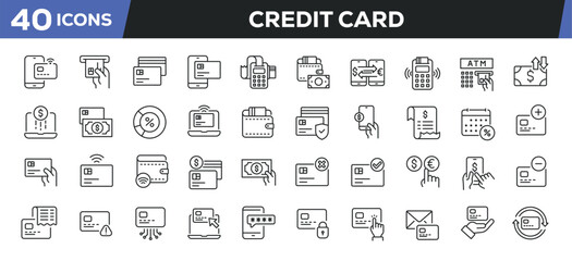 Credit card icons set. Web line icons collection related payment, money, finance. Editable stroke. Perfect pixel vector illustration isolated on white background.