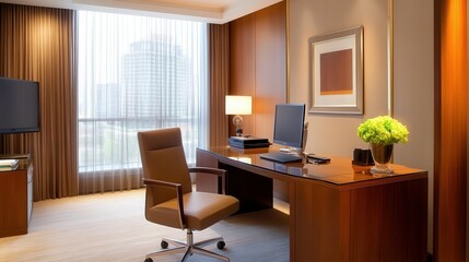 Fototapeta premium Modern office interior with a sleek desk, comfortable chair, and cityscape view outside the window