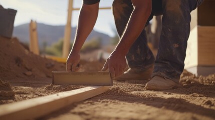 A Hispanic construction worker leveling the ground at a construction site. Featuring precision and hard work