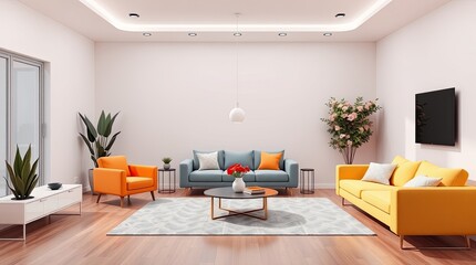 Fototapeta premium A brightly colored living room with modern furnishings.