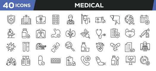 Medical icons set. Web line icons collection related healthcare, emergency, pharmacy, doctor. Editable stroke. Perfect pixel vector illustration isolated on white background.