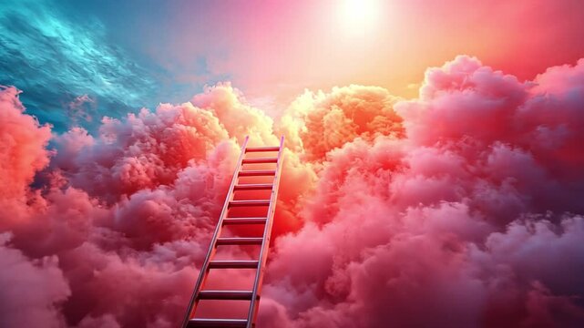 Ladder to Dreams: A ladder reaches up through a dreamy, ethereal cloudscape, bathed in warm, inviting light, symbolizing aspiration and the journey toward dreams. 