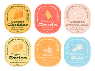Various cheese labels showcasing artisanal products made from natural ingredients and crafted with care