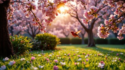 Spring Blossom Garden with Bird