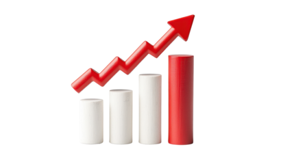 Red Arrow Rising Above Four Increasing White Columns in Growth Concept