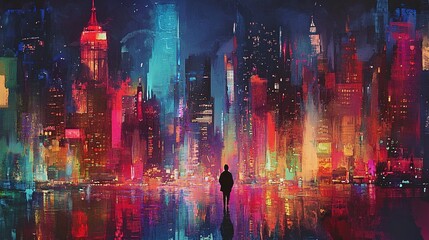 Obraz premium A vibrant, futuristic cityscape at night, with a solitary figure.
