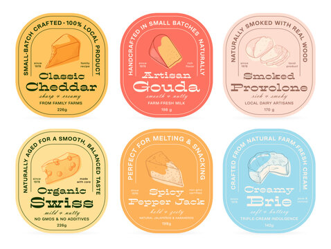 Various cheese labels showcasing artisanal products made from natural ingredients and crafted with care