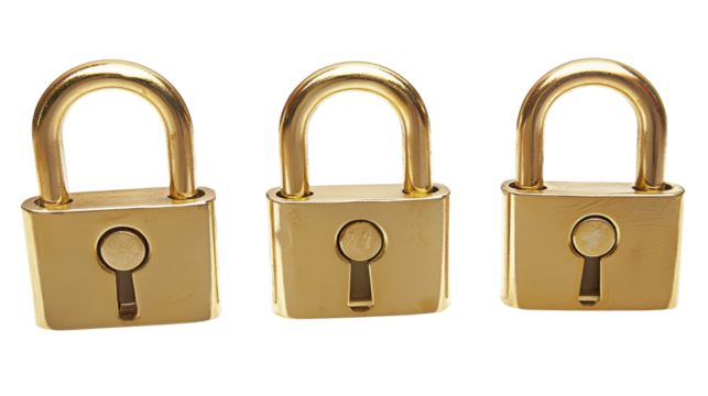 Three Golden Padlocks Isolated on White Background for Security Concept
