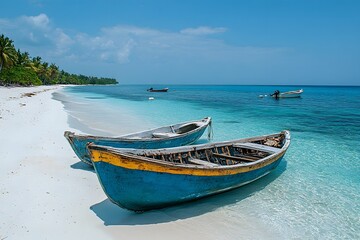Fototapeta premium Colorful wooden boats on a tropical beach with palm trees and clear blue water, idyllic island scenery, serene seaside landscape