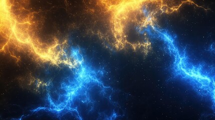 Electrified storm clouds as intense blue and yellow lightning bolts tear through the dark sky.