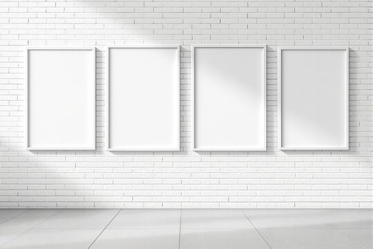 Fototapeta Four blank vertical posters in white frames on a white brick wall, minimalist style, concrete tiled floor, concept of modern creative interior. Ai generative