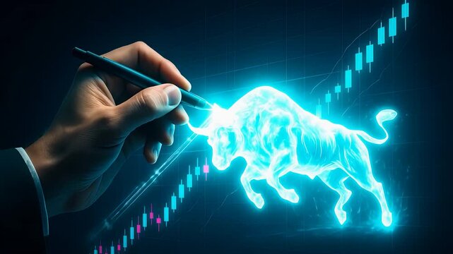 Businessman Drawing Digital Bull with Stock Market Data on Screen

