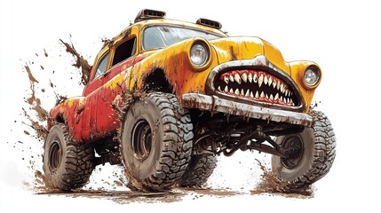 Monster truck, muddy, vintage, racing, off-road, vehicle, yellow, red, teeth, aggressive, grunge, dirt, splash, powerful, speed.